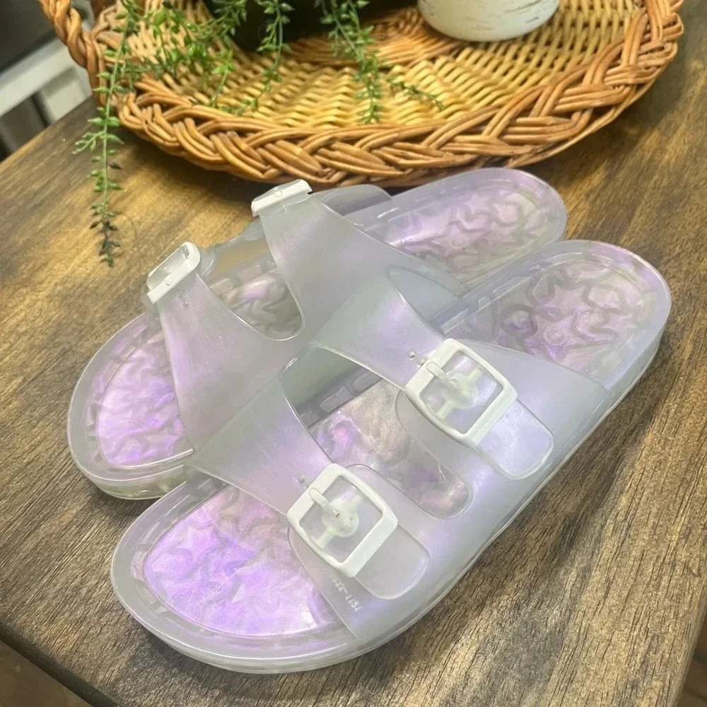 Wonder Nation Sz 6 Clear Iridescent Jelly Beach Sandals Slides White Buckle Y2K - Picture 2 of 4